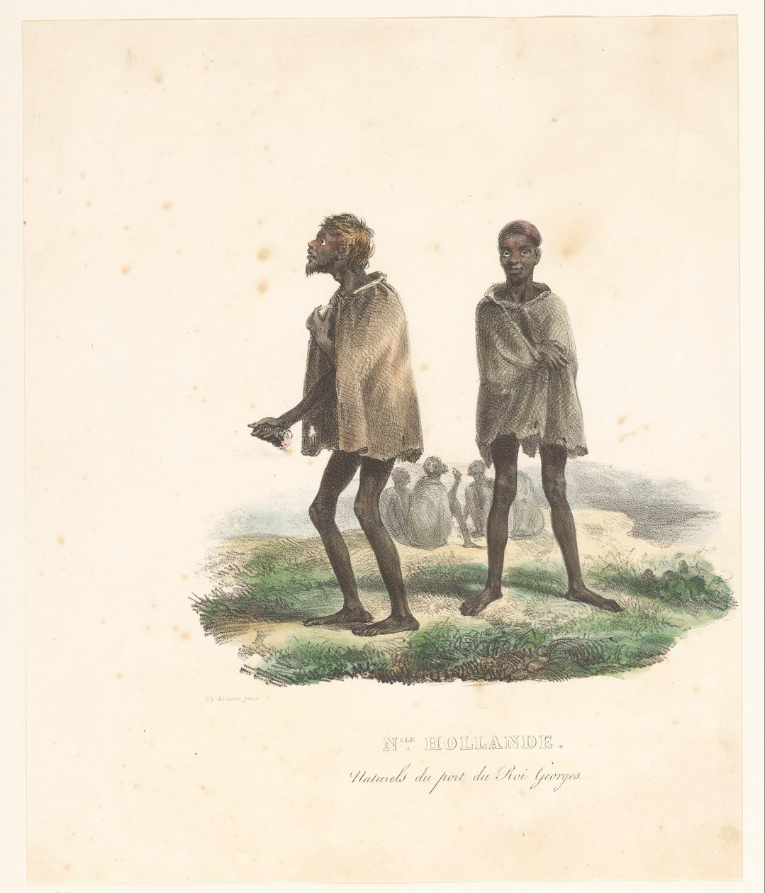 Vestuário dos habitantes do Rei George Sound (Austrália Ocidental)
Nlle. Hollande. Naturels du port du Roi Georges (título sobre o objecto)
Voyage de découvertes de l