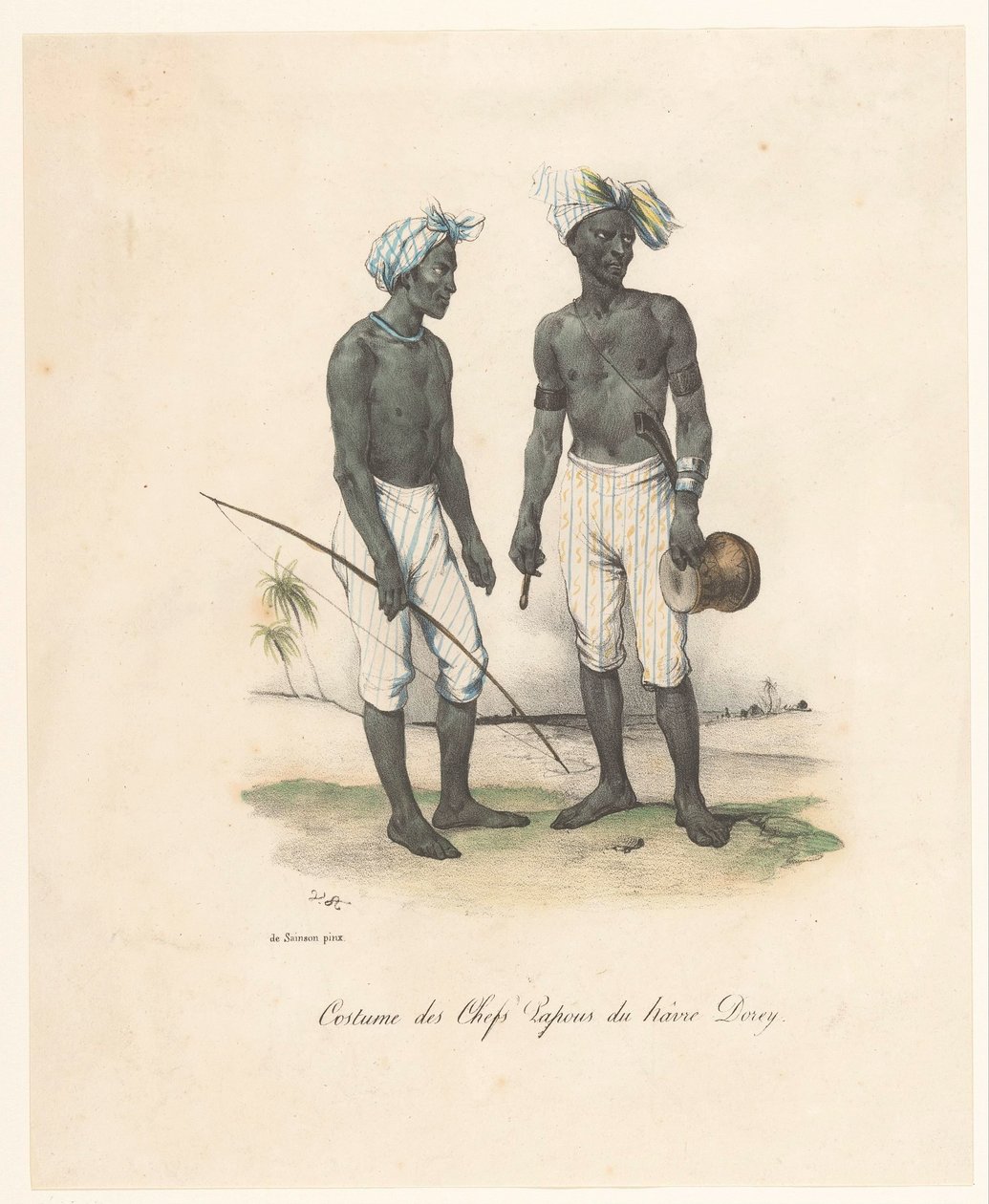 Traje dos líderes do Havre-Dorey na Papua Nova Guiné
Costume des chefs papous du hâvre Dorey (título sobre o objecto)
Voyage of discovery of the Astrolabe (título da série)
Voyage de découvertes de l
