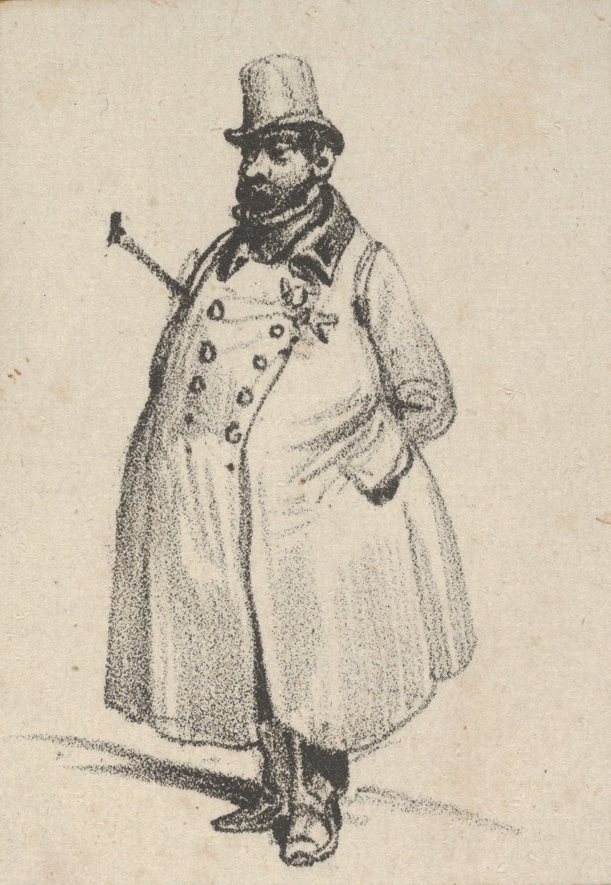 Homem vestindo um casaco e um chapéu com uma bengala debaixo do braço, meados do século XIX. de Victor Adam