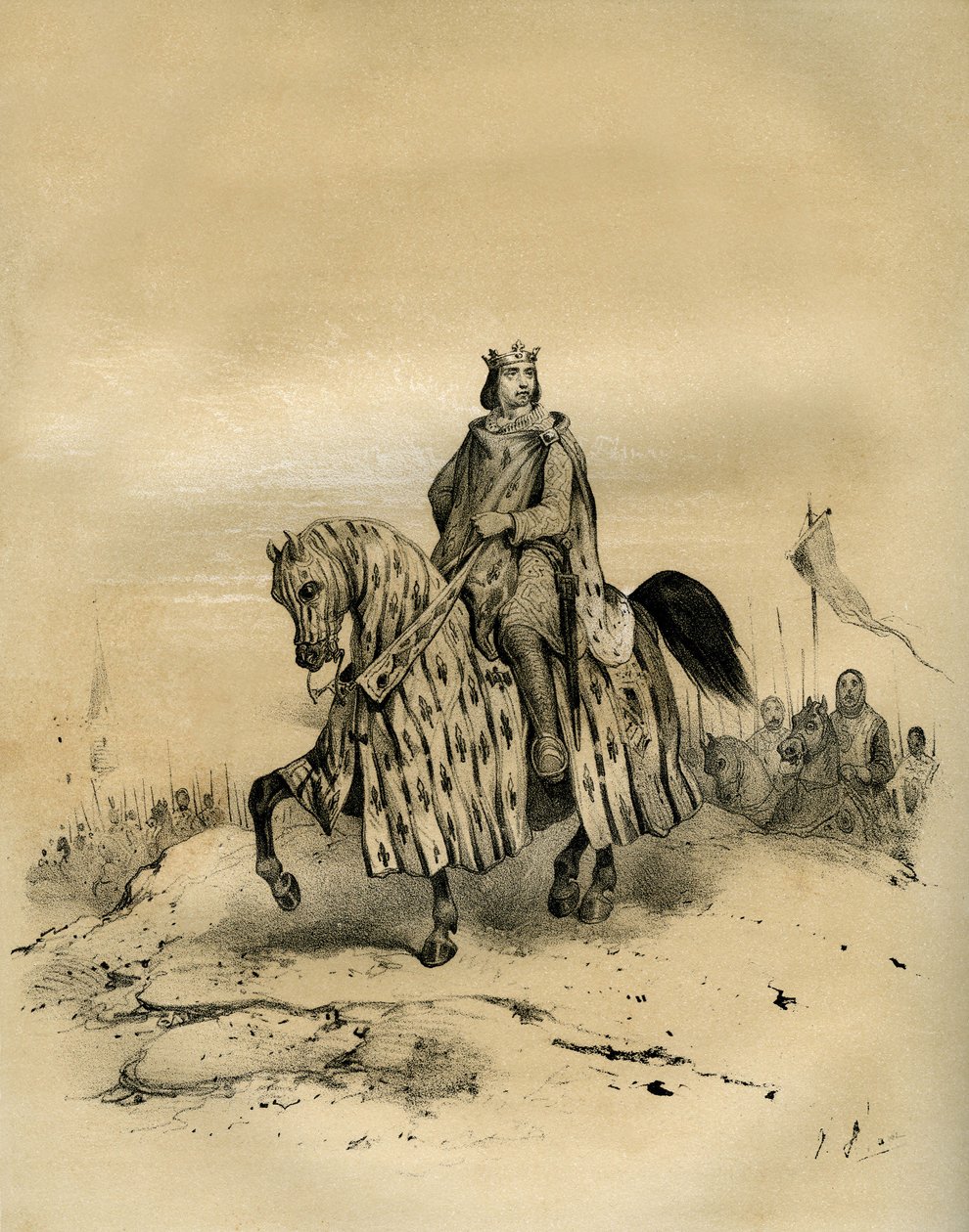 Filipe 6 de Valois (1293-1350), rei de França de 1328 a 1350, primeiro rei da dinastia Valois, cavalgava à frente das suas tropas quando assumiu o poder em 1328, apesar das pretensões de Eduardo 3 de Inglaterra. Esta disputa abriu a guerra dos cem anos. Ph de Victor Adam