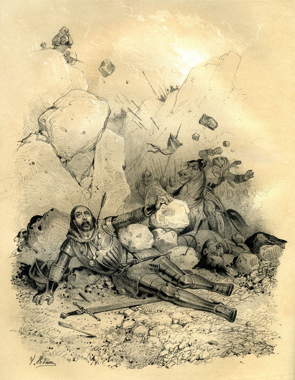 Rolando, conde da marcha da Bretanha, morto por um destacamento de vascos em 778 no vale de Ronceveaux (Pirinéus). Gravura de Victor Adam (1801-1866) no livro "A França na Idade Média", publicado pelos irmãos Ardant em meados da década de de Victor Adam