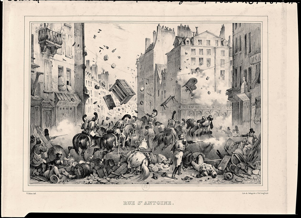 Rue Saint-Antoine em julho de 1830, gravado por H. Delaporte de Victor Adam