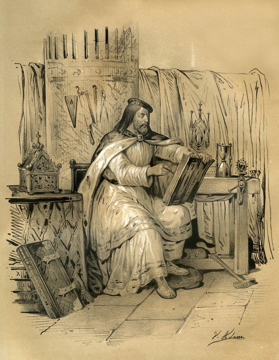 Santo Eloi (v.588-660) ourives e tresoureiro do rei dos Francos Dagoberto I, depois eveque de Noyon de 641 até à sua morte. Gravura de Victor Adam (1801-1866) no livro "A França na Idade Média", publicado pelos irmãos Ardant em meados da década de de Victor Adam