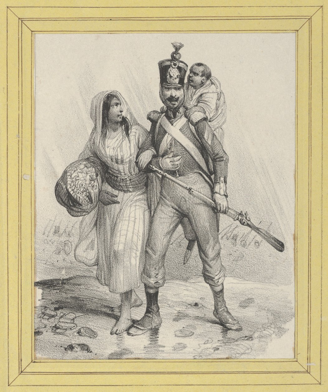 Soldat mit einer Frau am Arm und einem Kind auf dem Rücken de Victor Adam