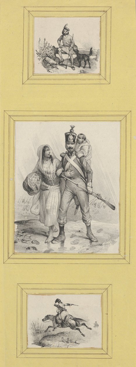Soldaten und ein Highlander (3 Drucke unterschiedlicher Größe auf ein gelbes Blatt geklebt) de Victor Adam