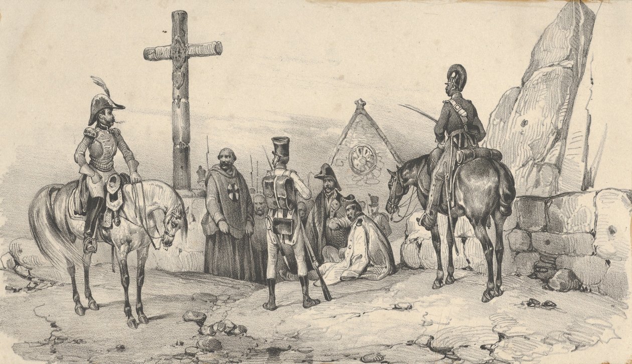 Soldados reunidos em frente a uma igreja com padres e um crucifixo, meados do século XIX. de Victor Adam