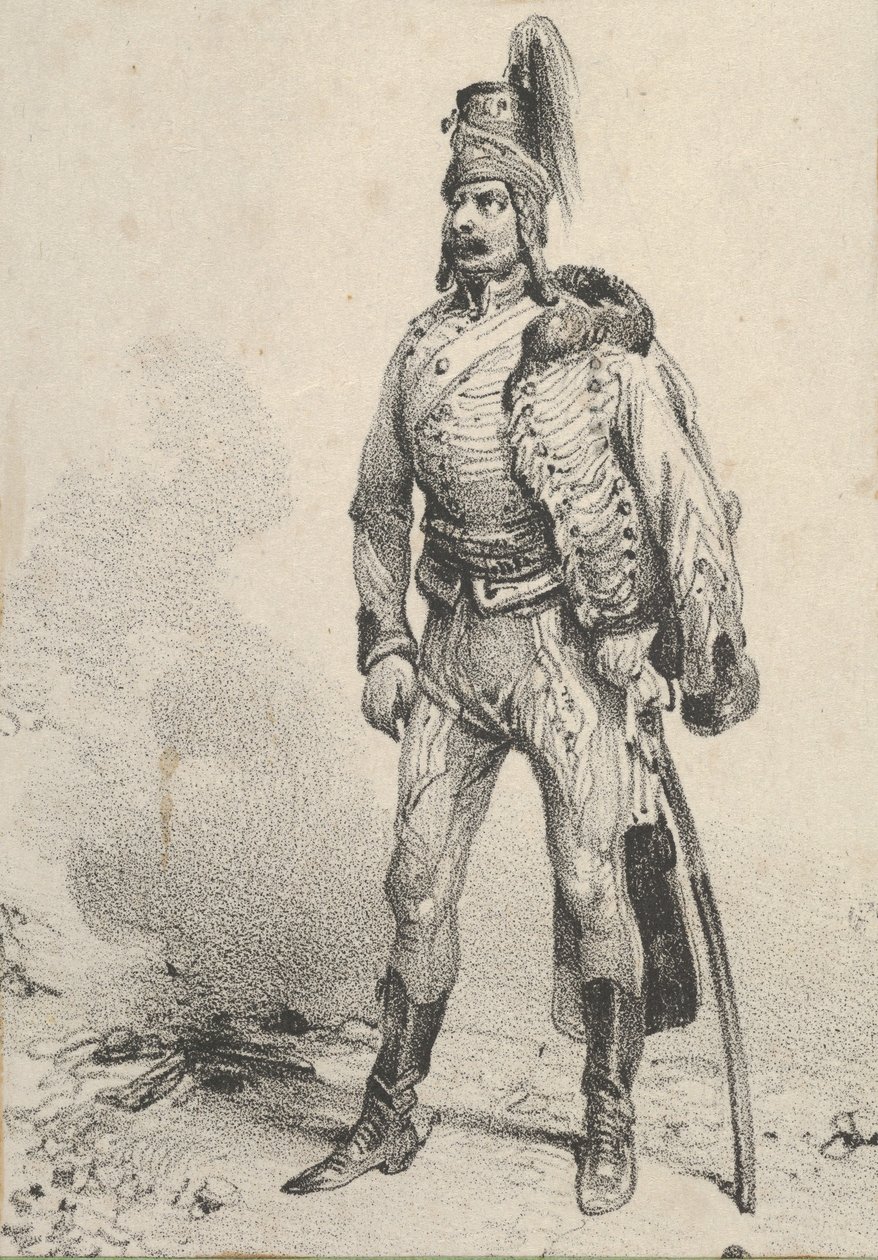 Soldado de pé com sua jaqueta em um ombro, meados do século 19. de Victor Adam