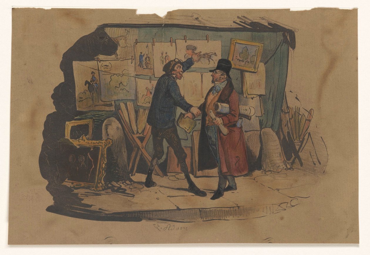 Vendedor ambulante com uma banca cheia de arte pára um homem de Victor Adam