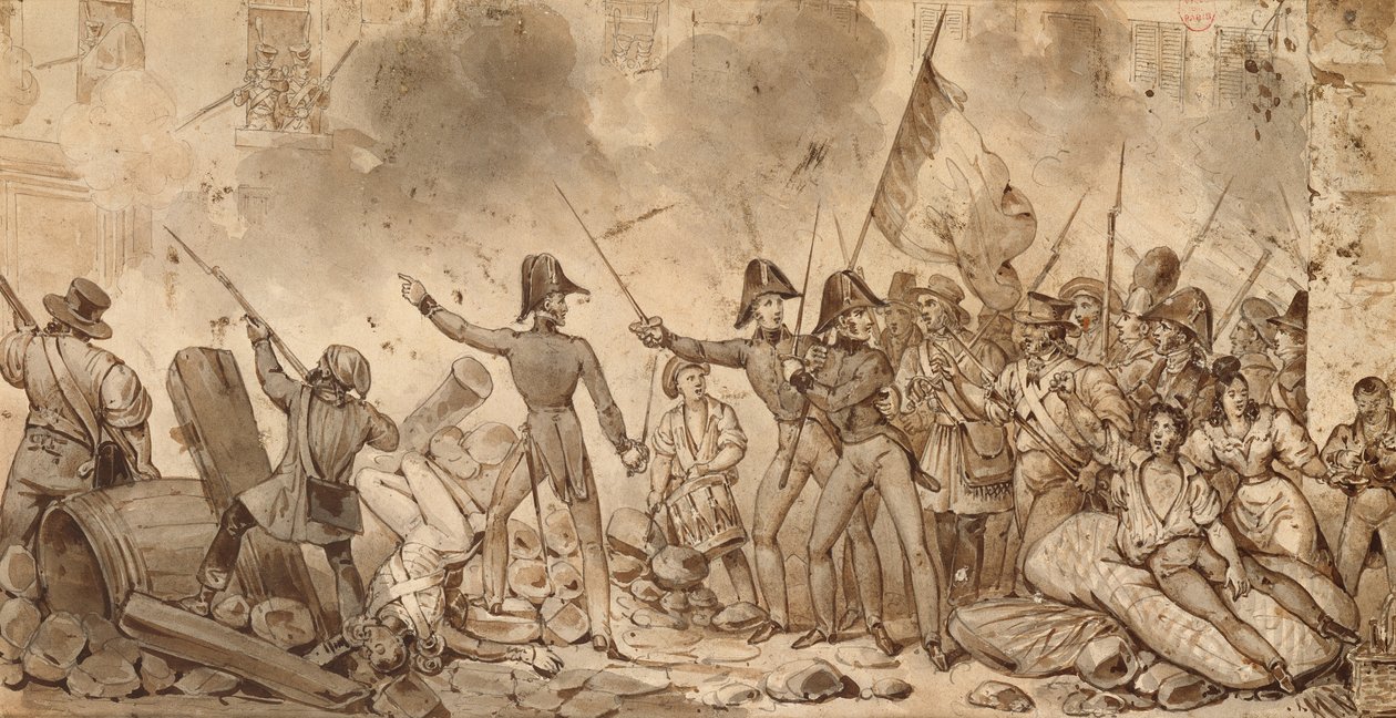 Tomando o quartel da Rue de Babylone, 29 de Julho de 1830 (desenho) de Victor Adam
