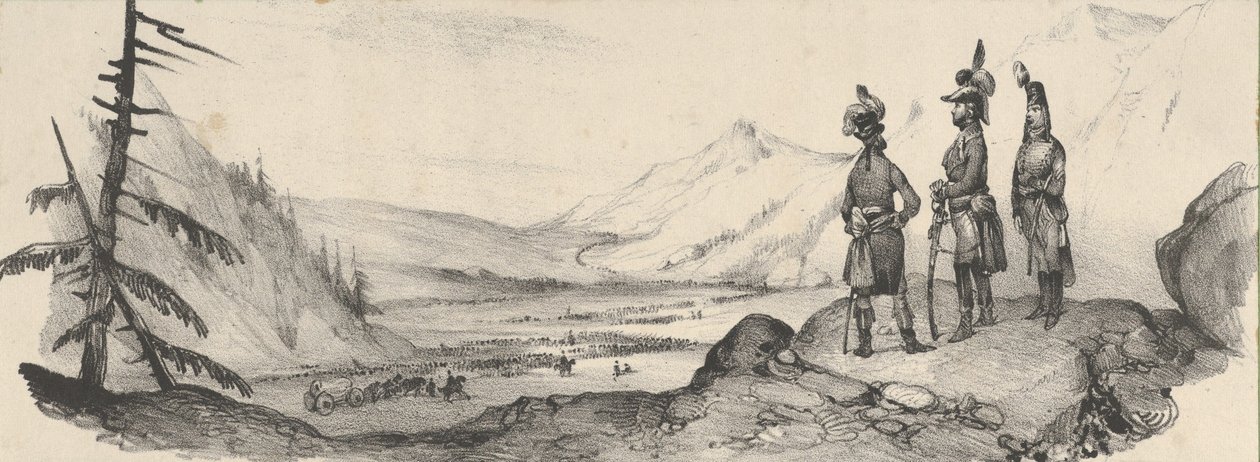 Três soldados numa paisagem, meados do século XIX. de Victor Adam