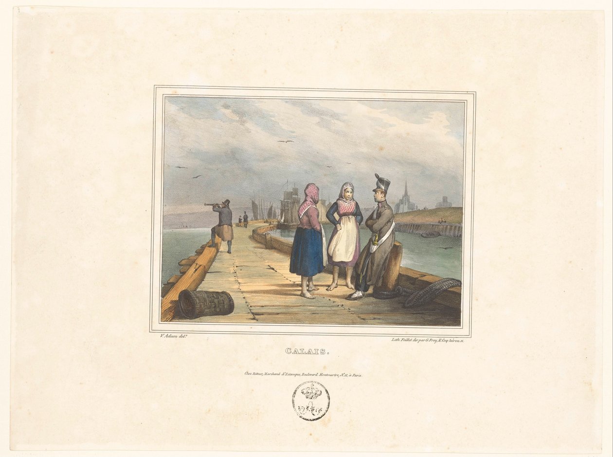 Duas garotas e um soldado no cais em Calais Calais (título no objeto) Trajes dos habitantes das cidades portuárias (título da série) Costumes de marins, designs dans les portos (título da série) de Victor Adam
