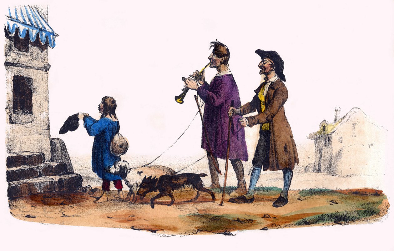 Dois cegos liderados por cães e uma criança mendiga. Em "Album Grotesque, Choices of Outstanding Types", ilustrações de Victor Adam, Paris, cerca de 1850. de Victor Adam