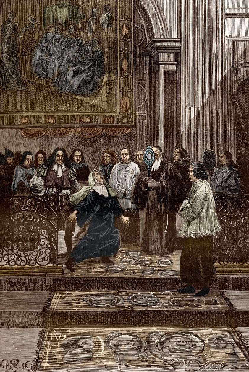 Affaire des possedes de Loudun (demónios de Loudun) cerca de 1630: "Exorcismo da mãe superior possuída do convento ursulino pelo padre de Chinon, Pierre Barre após os acontecimentos do "Loudun the Possessions", ilustração por possuído de Loudu de Victor Armand Poirson