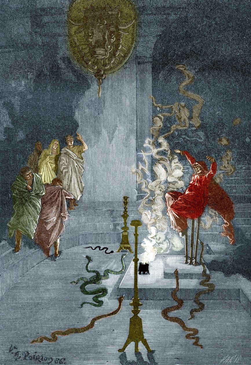 Grécia Antiga: "Representação da Pythia, sacerdotisa no Templo de Apolo na Grécia Antiga" Gravura de "The Mysteres of Science" de Louis Figuier, Colecção Privada de Victor Armand Poirson