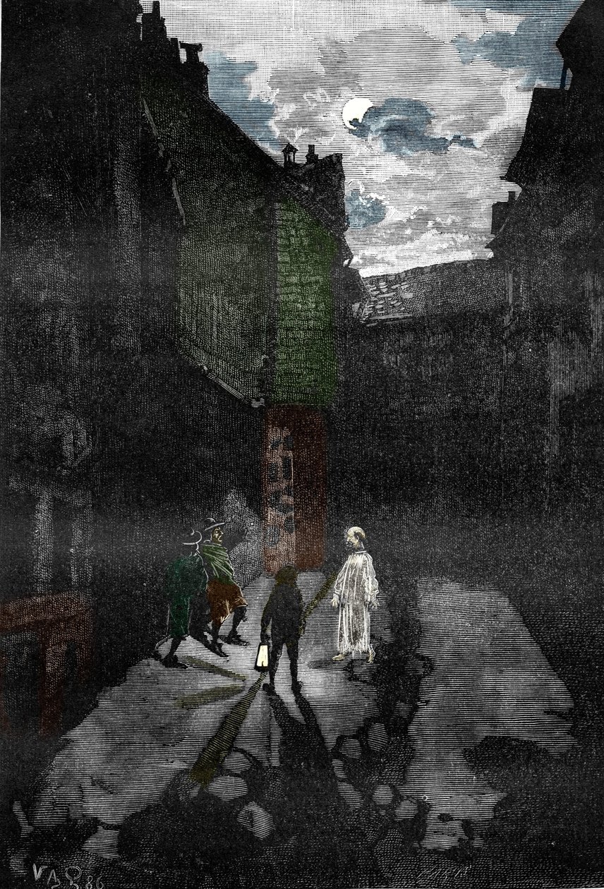 Fenómenos paranormais: "Aparição de um fantasma no pátio de um castelo assombrado" (Um fantasma aparece num castelo assombrado) Gravura de "Les mysteres de la science" de Louis Figuier, Colecção Privada de Victor-Armand Poirson