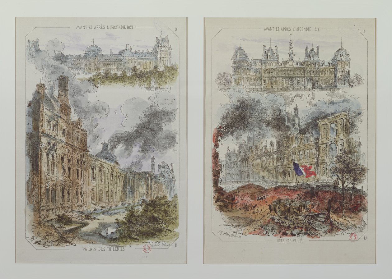 Vistas do Palácio das Tulherias e do Hotel de Ville antes e depois dos incêndios de 1871 de Victor Coindre