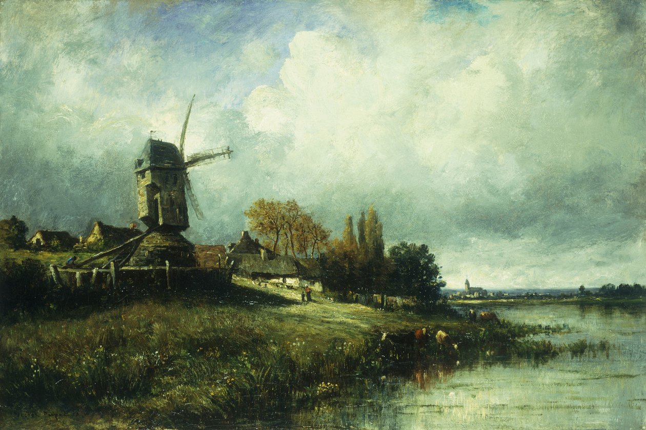 Uma paisagem do rio com um moinho de vento, 1870 de Leon Victor Dupre