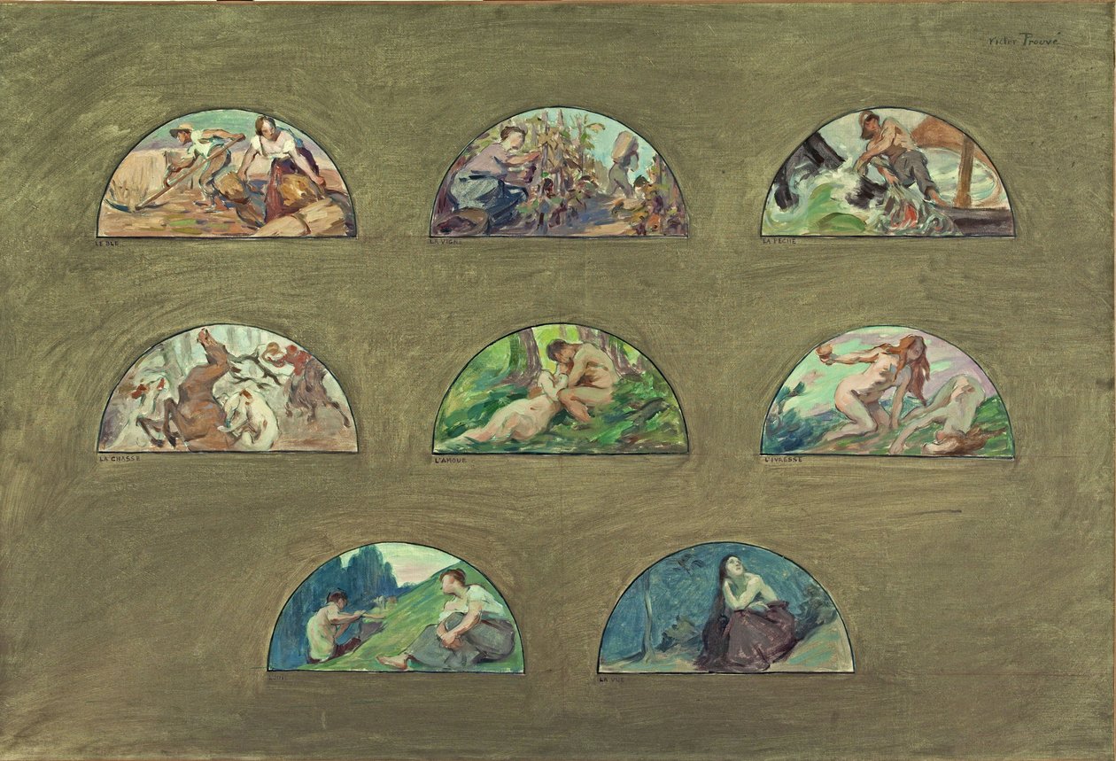Esboço para a sala de jantar do Hôtel de Ville em Paris: Les nourritures - Les plaisirs - Les sens (tímpanos semi-circulares), entre 1891 e 1892 (óleo sobre tela) de Victor Emile Prouve
