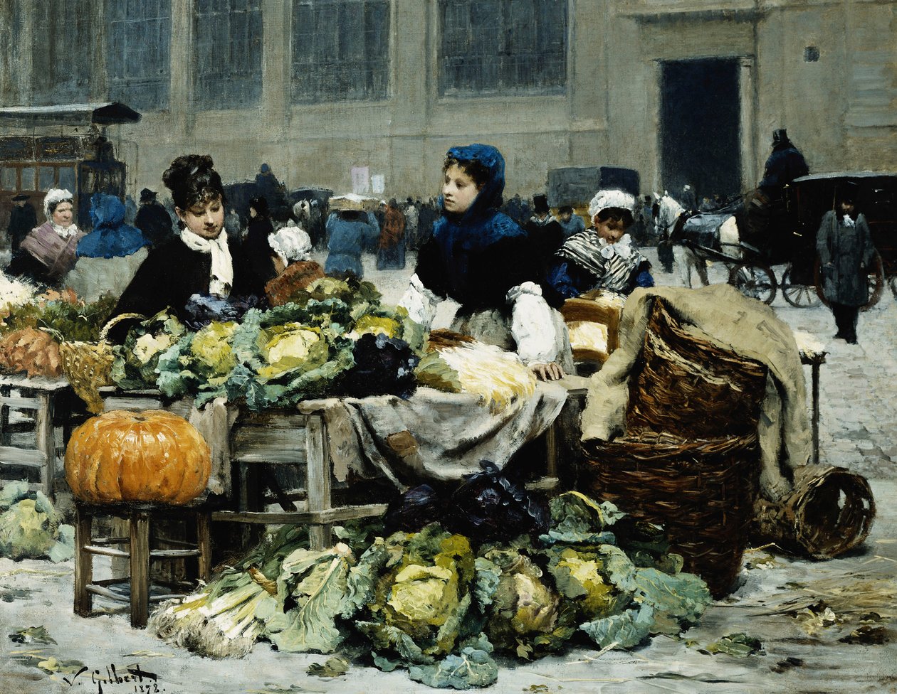 Um stand de legumes, em Les Halles Centrales, Paris, 1878 de Victor Gabriel Gilbert
