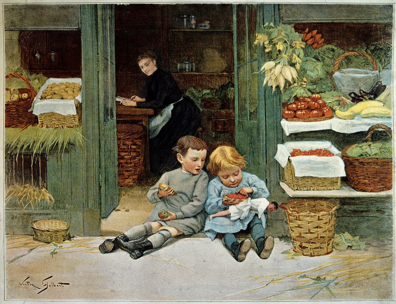 Faça-lhe uma visita guiada. Criança comendo torradas na frente da mercearia da mãe. A menina tem uma boneca de joelhos. Pintura de Victor Gilbert (1847-1935). Paris, Artes Decorativas de Victor Gabriel Gilbert