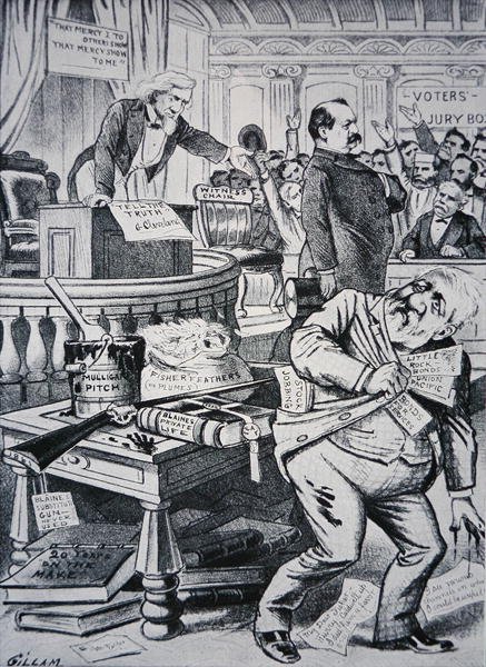 Grover Cleveland (1837-1908) a dizer a verdade sobre a sua vida privada, enquanto o seu adversário James Blaine (1830-93) é retratado como corrupto. de Victor Gillam