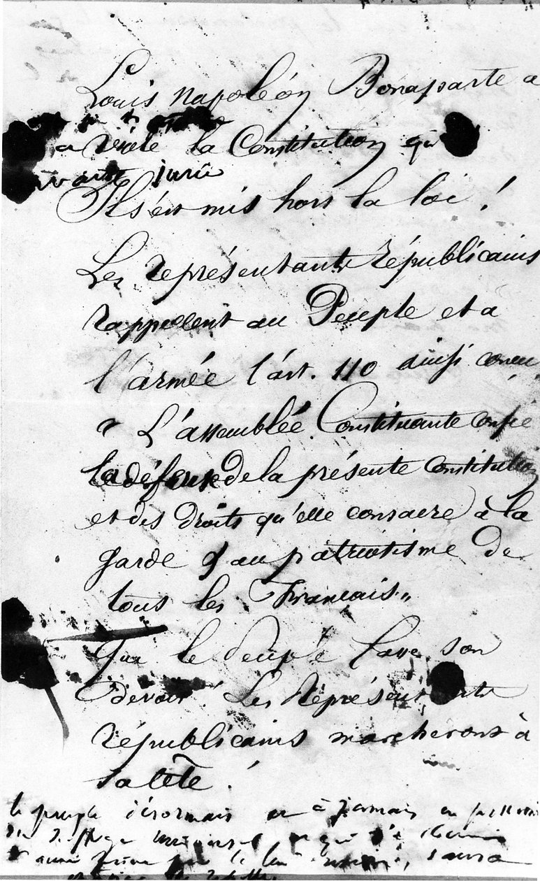 Primeira página do Manifesto apelando ao povo de Paris para rejeitar a violação da Constituição Francesa por Louis Napoleon Bonaparte, 1851 (caneta e tinta no papel) de Victor Hugo