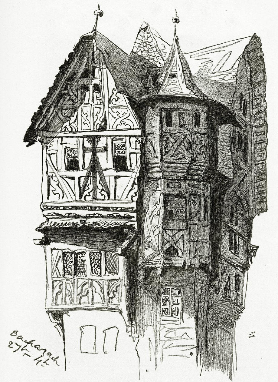 Casa, em, Bacharach, ligado, a, rio rhine, 19º século, (bw, engraving) de Victor Hugo