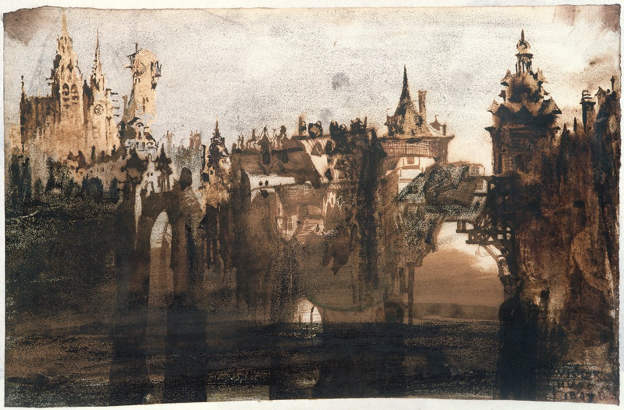 Cidade com Ponte Quebrada (grafite, nanquim e sépia sobre papel) de Victor Hugo