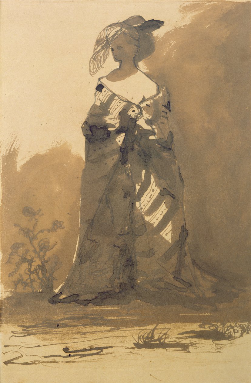 Mulher vestindo um casaco e um chapéu de penas (caneta und tinta e lavagem em papel) de Victor Hugo