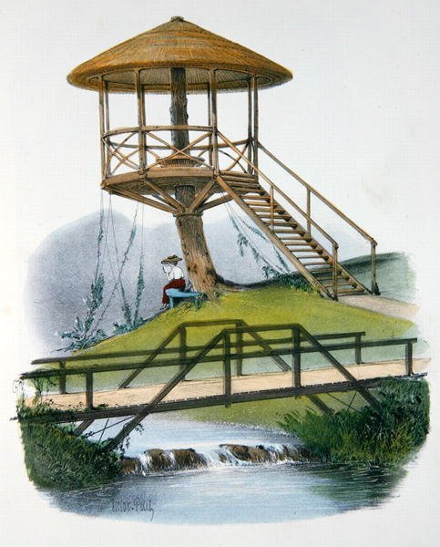 Uma cabana e ponte rústica no Parc de la Motte, Bourgogne, ilustração de 