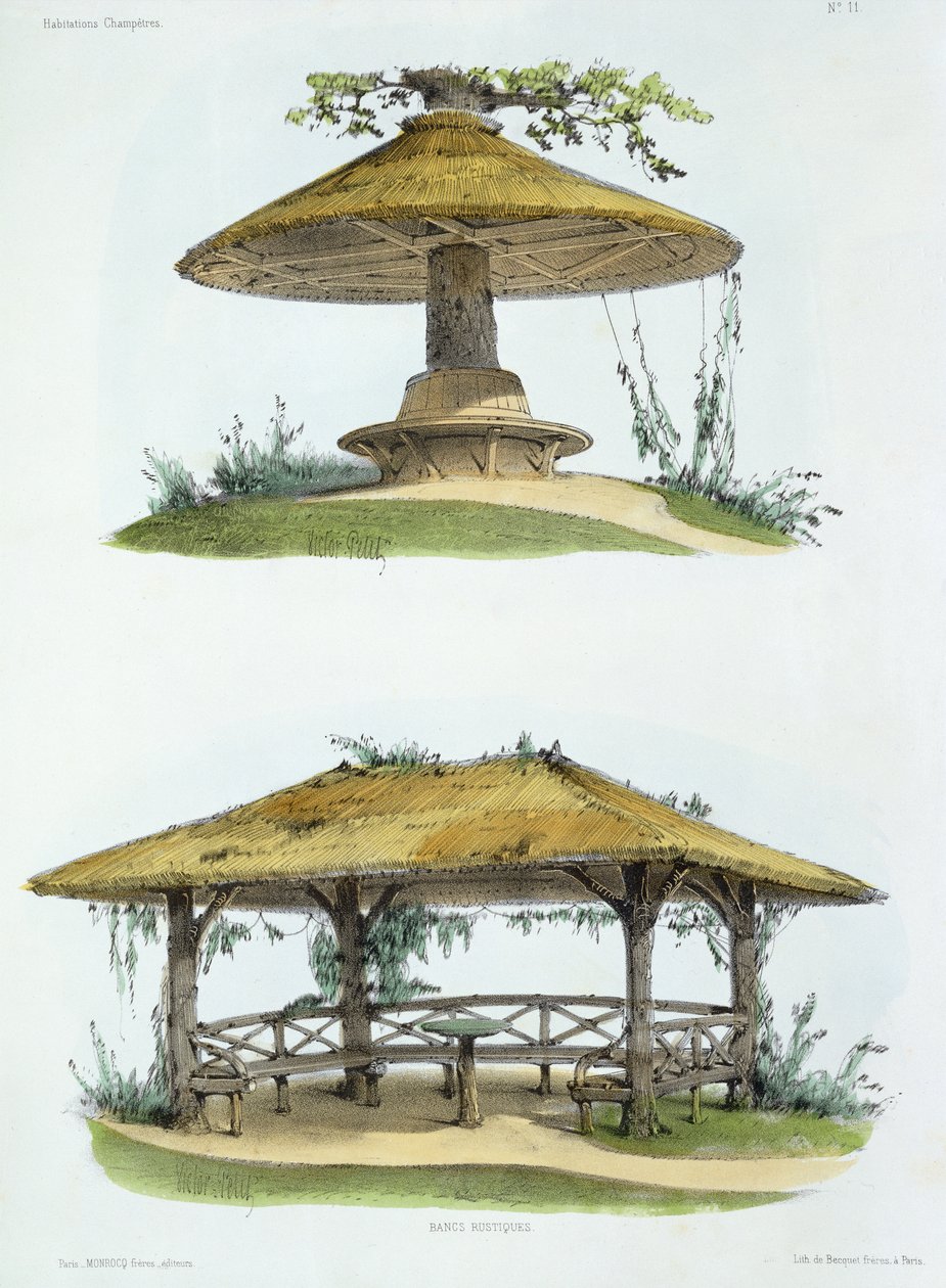 Bancos rústicos, de &39;Habitations Champetres&39;, publicado c.1855 (cromolitógrafo) de Victor Jean Baptiste Petit