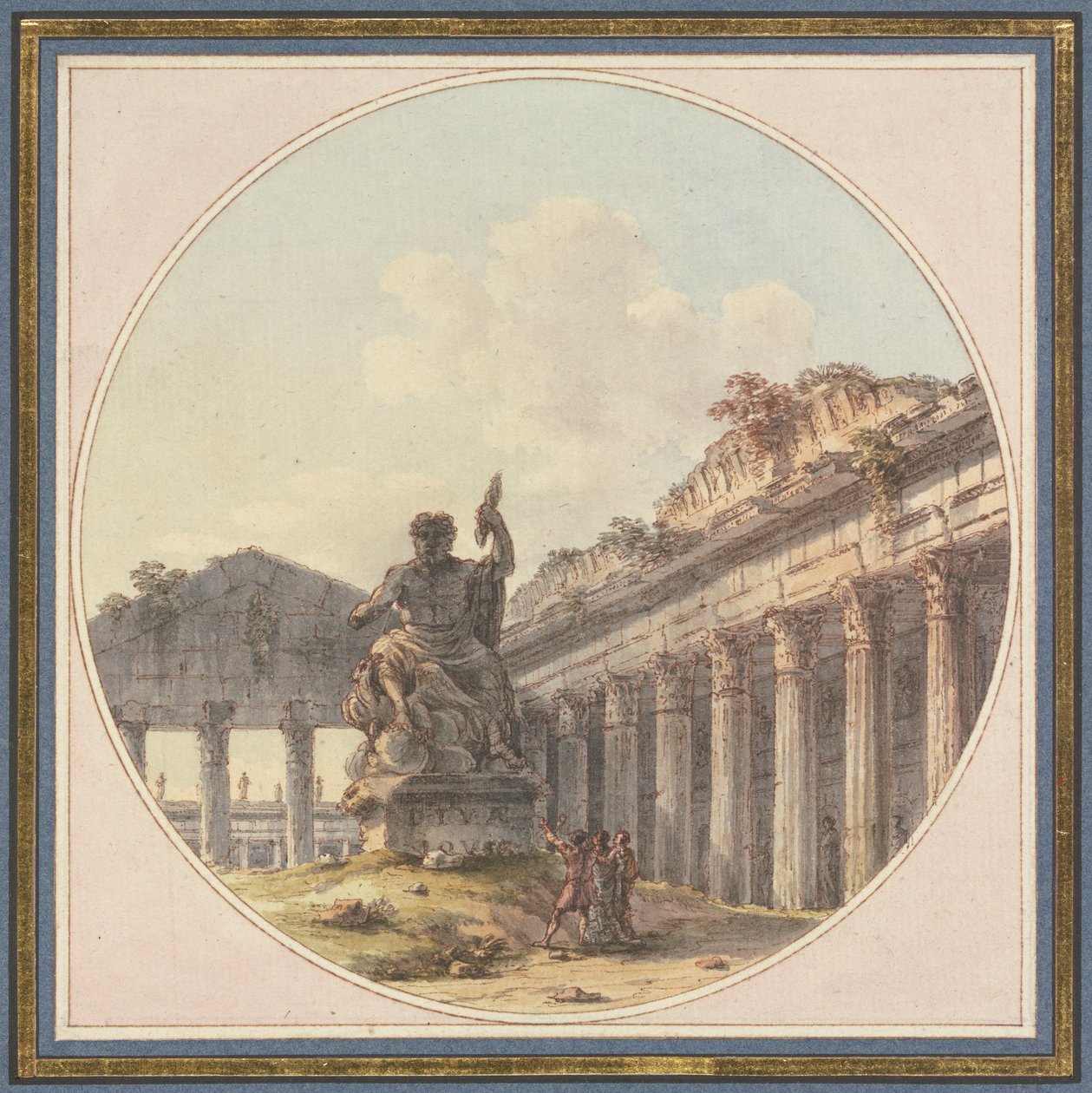 Capricho arquitectónico: Interior de uma ruína de templo com uma estátua de Júpiter Tonante e figuras de staffage de Victor Jean Nicolle