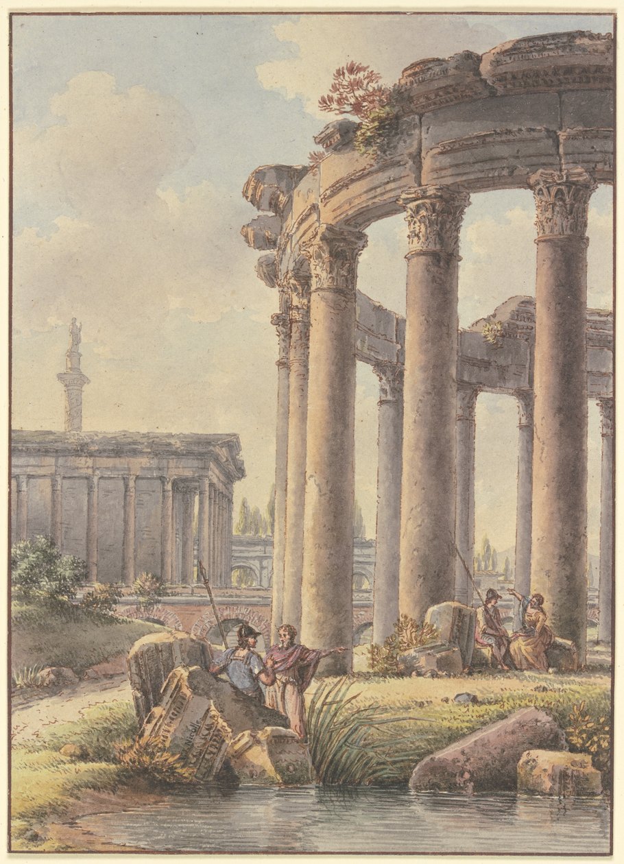 Capricho arquitetónico: ruínas de um templo circular, com a Coluna de Trajano ao fundo de Victor Jean Nicolle