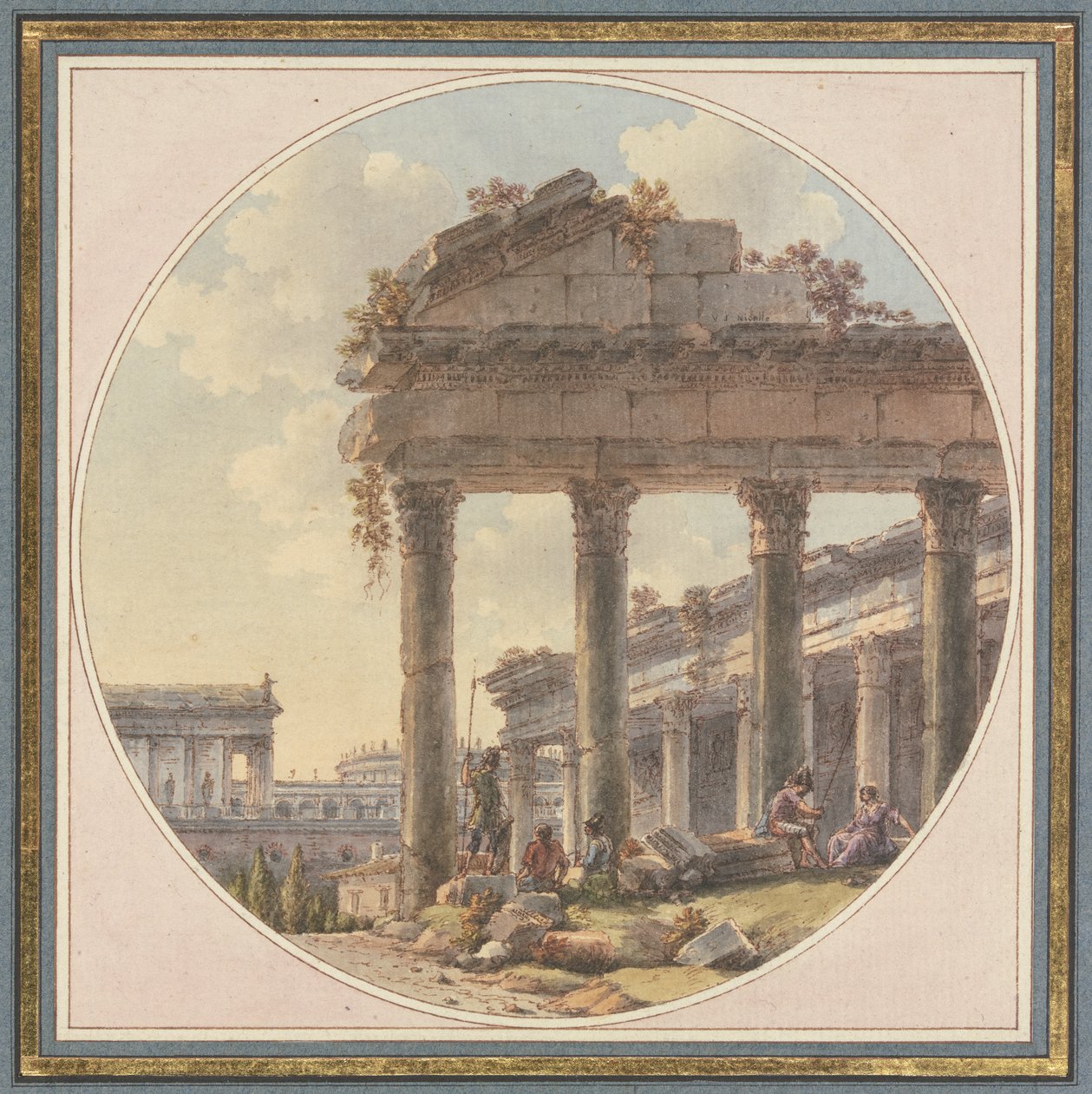 Capricho arquitectónico: ruína de templo e figuras de enquadramento de Victor Jean Nicolle