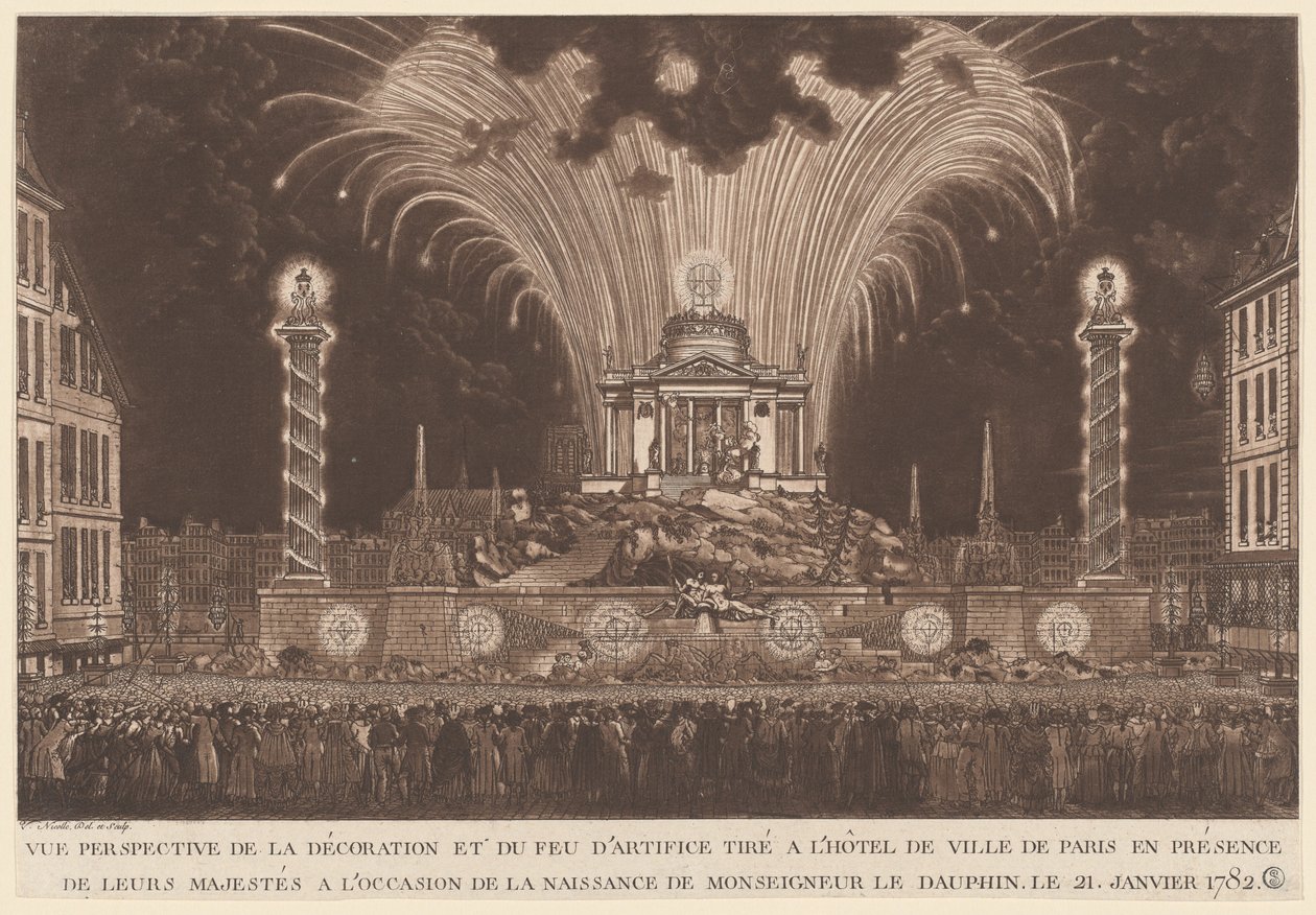 Decoração e Fogos de Artifício... o Nascimento de Monseigneur le Daufin (Fogos de Artifício Celebrando o Nascimento do Delfim) de Victor Jean Nicolle