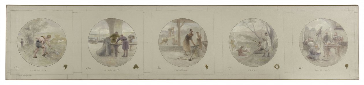 Esboço para a Galeria Lobau da Câmara Municipal de Paris: Agricultura. Comércio. Indústria. Arte. Ciência, em 1890 (lápis, óleo sobre tela) de Victor Jean Pierre Maziès