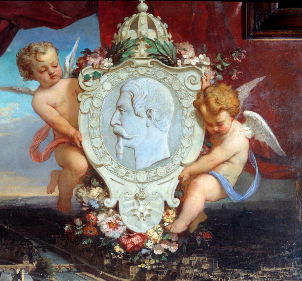 Detalhe de: “” Louvre de Napoleão III”” “” Vista do Palais du Louvre e o retrato de Napoleão III (1808-1873) em medalhão”” Pintura de Victor Joseph Chavet (1822-1906) 1857 Dom. 2,12 x 2,22 m Paris, museu do Louvre. de Victor Joseph Chavet