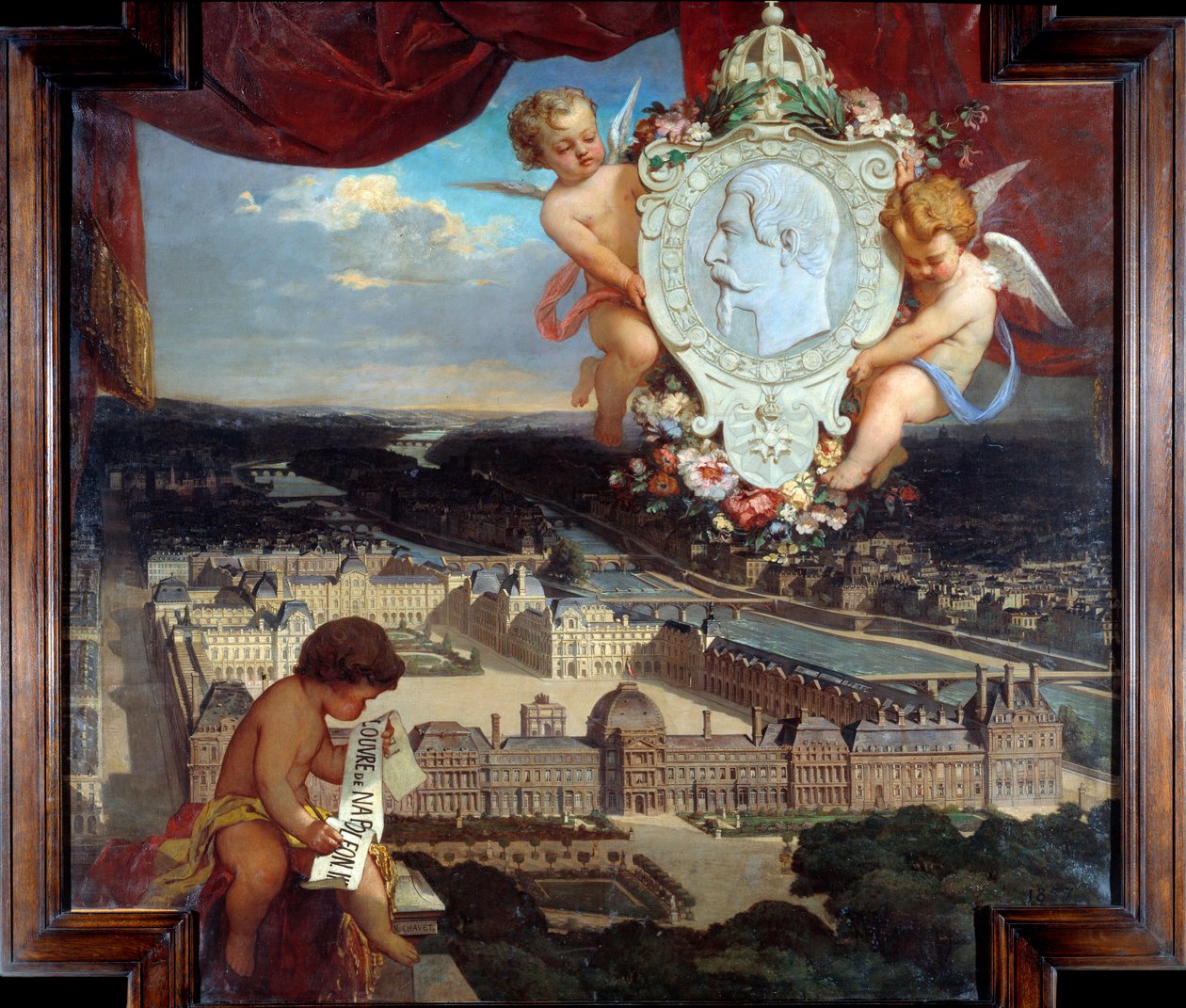 O Louvre de Napoleão III "Vista do Palais du Louvre e o retrato de Napoleão III (1808-1873) em medalhão" Pintura de Victor Joseph Chavet (1822-1906) 1857 Sol. 2,12 x 2,22 m Paris, Musee du Louvre. de Victor Joseph Chavet