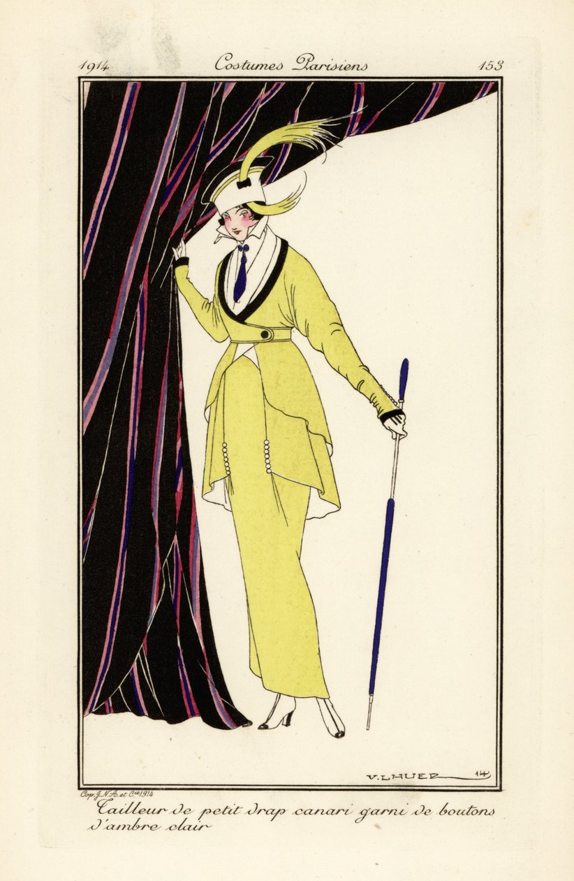 Mulher em vestido amarelo canário com botões âmbar. de Victor Lhuer