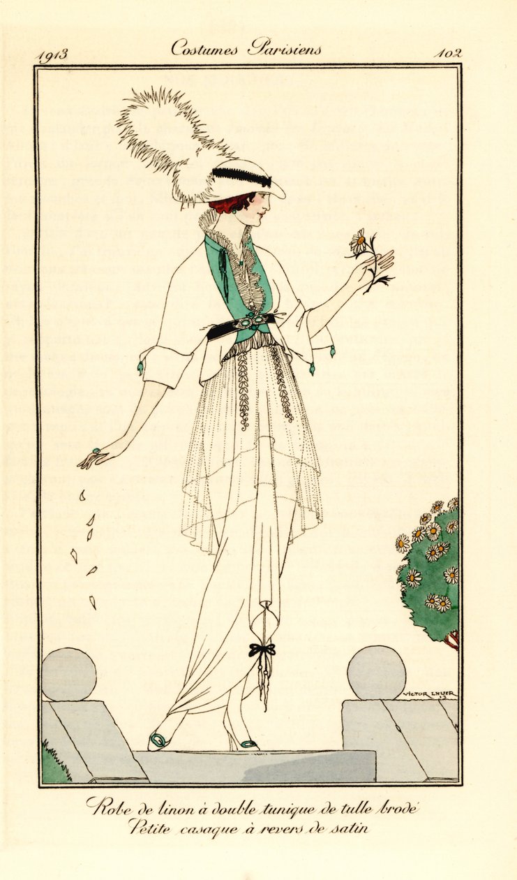 Mulher em vestido de linho com túnica dupla em tule bordado, casaco caseiro forrado com cetim. Robe de linon uma túnica dupla de tulle brode, petite casaque a revers de cetim. Piso colorido à mão (stencil) gravura depois de uma ilustração de Victor Lhu de Victor Lhuer