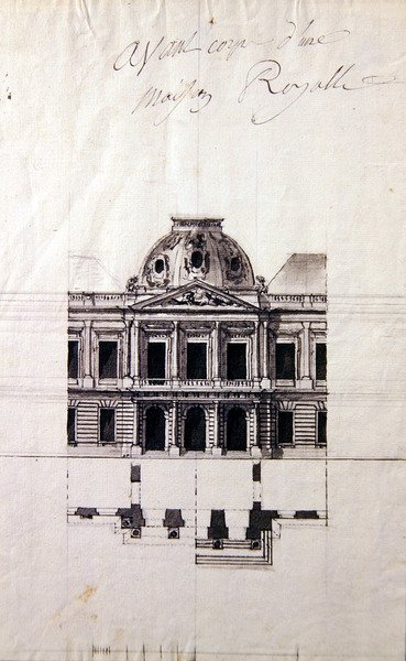 Desenho para uma fachada de uma casa real (caneta e tinta com lavagens cinzentas) de Victor Louis