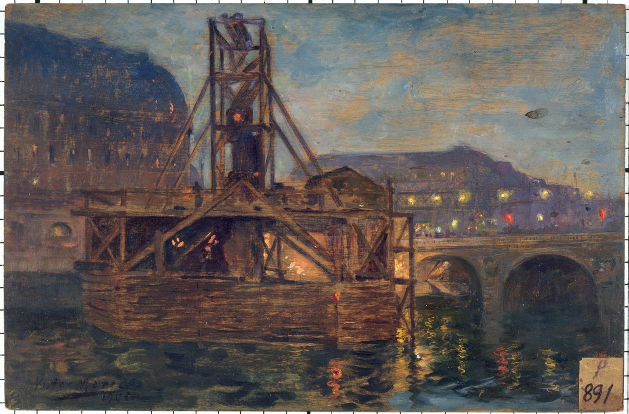 Les travaux du métropolitain au pont Saint-Michel en 1906, em 11-1906 (óleo sobre madeira) de Victor Marec