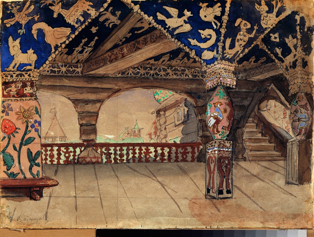 Decor preparatoire pour la peça de teatro "La demoiselle des neiges" de Alexandre Ostrovski (1823-1886) (Desenho de palco para a peça de teatro Snow Maiden de A Ostrovsky) La terrasse en bois - Oeuvre de Viktor Mikhaylovich Vasnetsov (1848-1926), huile sur de Victor Mikhailovich Vasnetsov