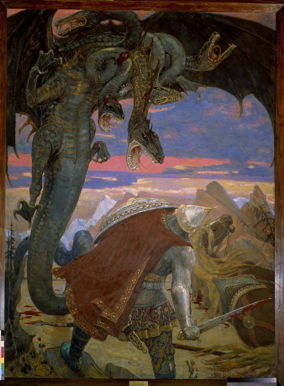 Dobrynia Nikitich lutando contra Gorynych (Dobrynya Nikitich lutou contra Zmey Gorynych). A lenda tradicional russa, o herói, um nobre guerreiro, para entregar Zabava tem de combater Gorynych, o dragão de três cabeças. Pintura de Viktor Mikhaylovich Vasnet de Victor Mikhailovich Vasnetsov