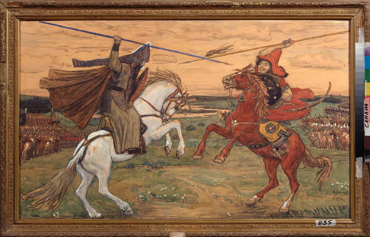 O duelo de Alexander Peresvet e a Chelibey Tatar (ou Chelubey, Temir-Murza) na planície de Kulikovo em 1380, durante a batalha entre os russos e a Horda de Ouro (Combate Único de Peresvet e Temir Murza (Temir-Murza) na Kulikovo de Victor Mikhailovich Vasnetsov