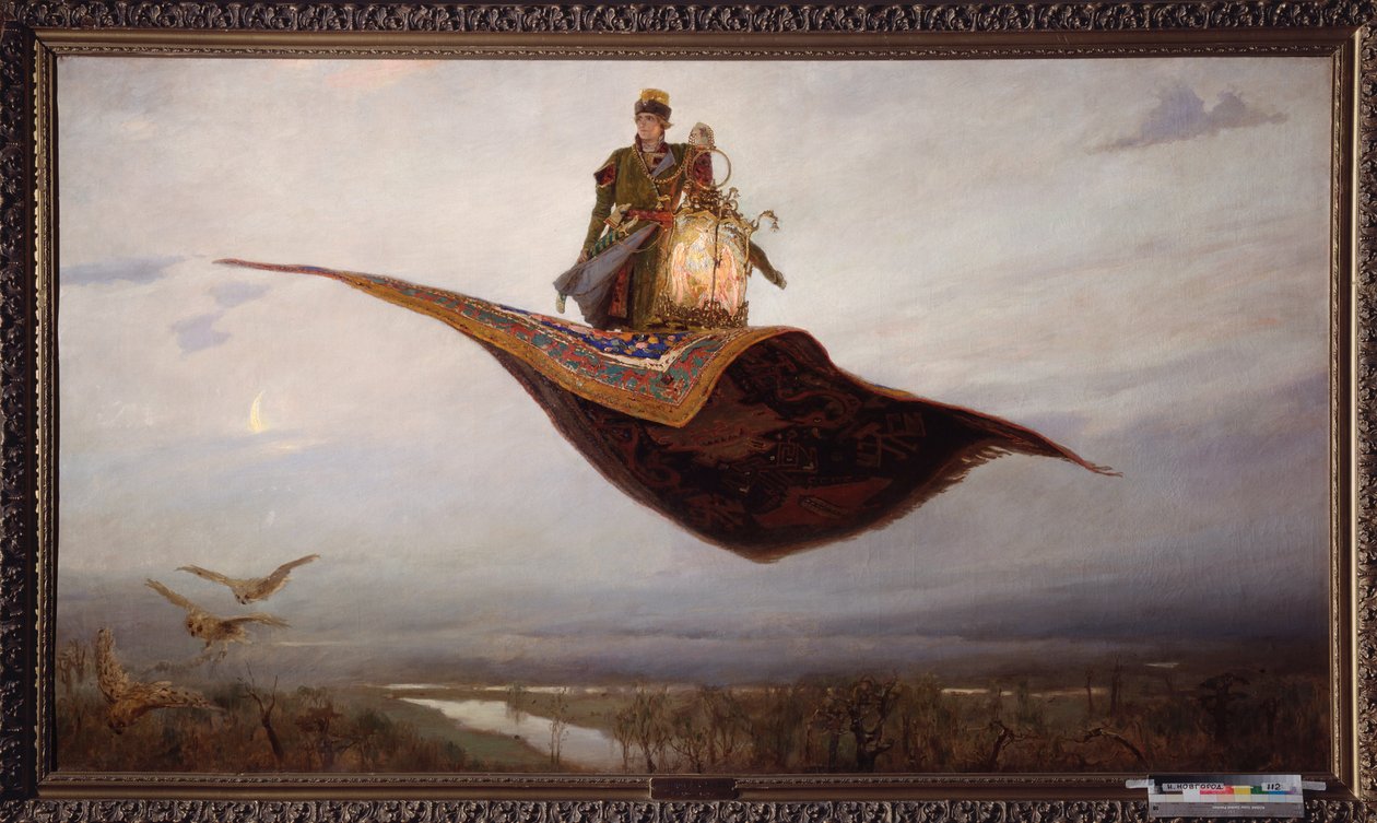 Montando um tapete voador - Pintura de Viktor Mikhaylovich Vasnetsov (1848-1926), óleo sobre tela de Victor Mikhailovich Vasnetsov