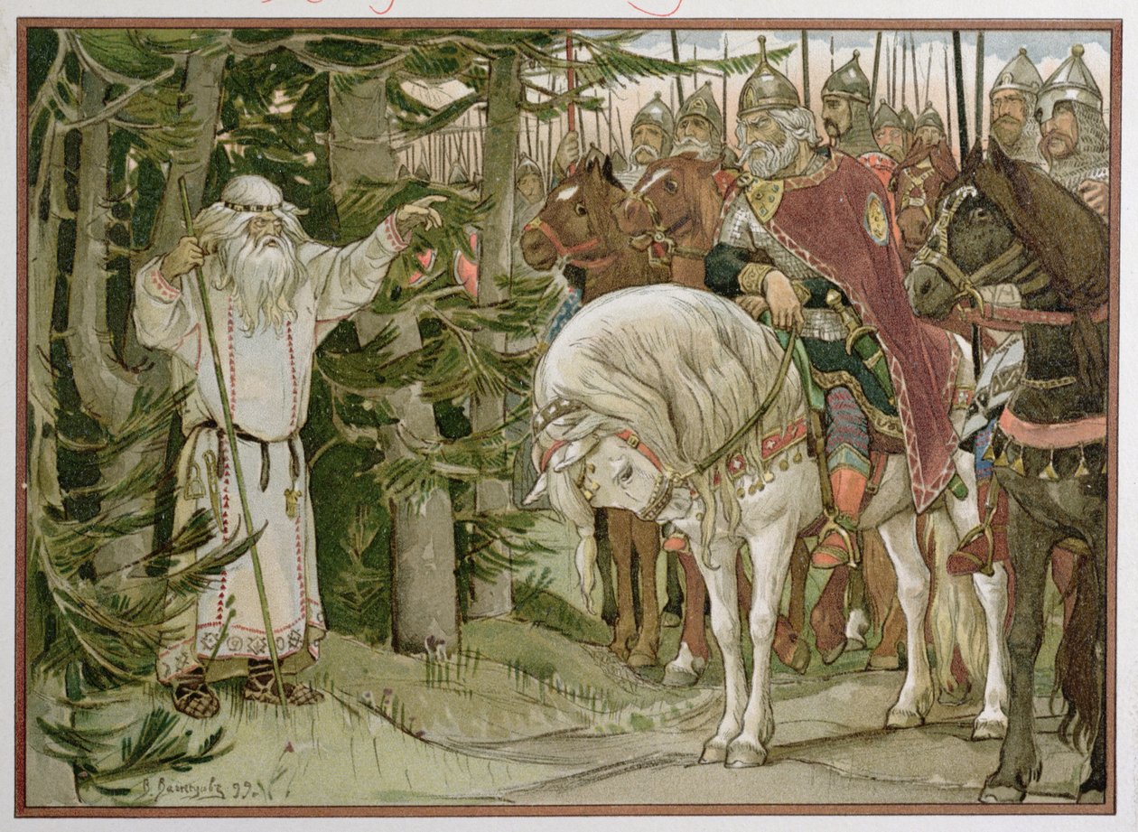 O Príncipe Oleg (dc912) encontra o adivinho que profetiza que seu cavalo será a causa de sua morte, ilustração de "O Cântico de Oleg, o Sábio". 1899 de Victor Mikhailovich Vasnetsov