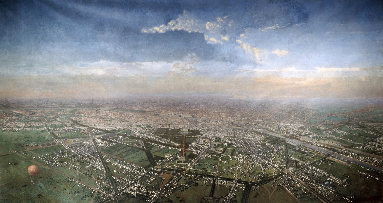 Vista geral de Paris a partir de um balão de ar quente, 1855 de Victor Navlet