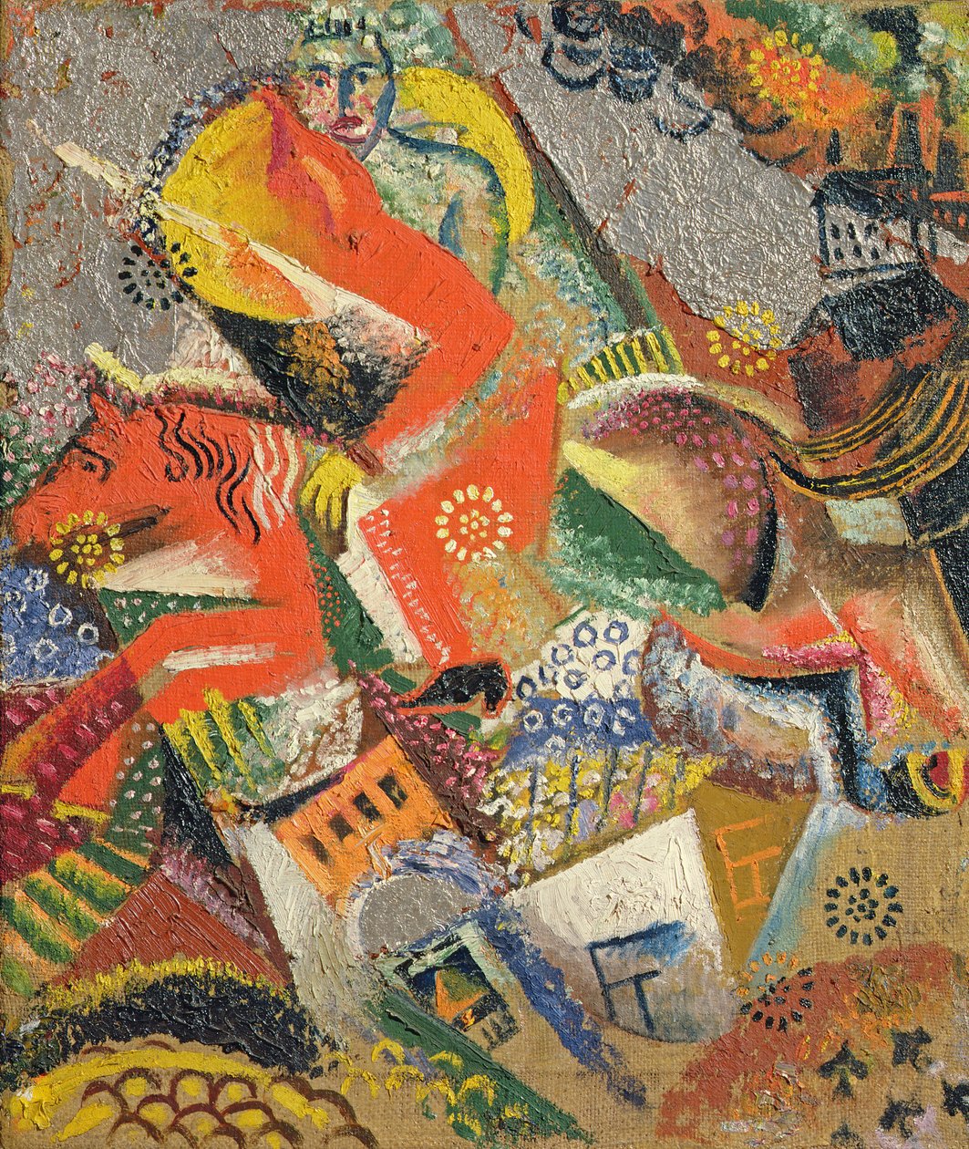 Composição com Red Horseman, 1920 (óleo e folha sobre tela) de Victor Nikandrovich Palmov