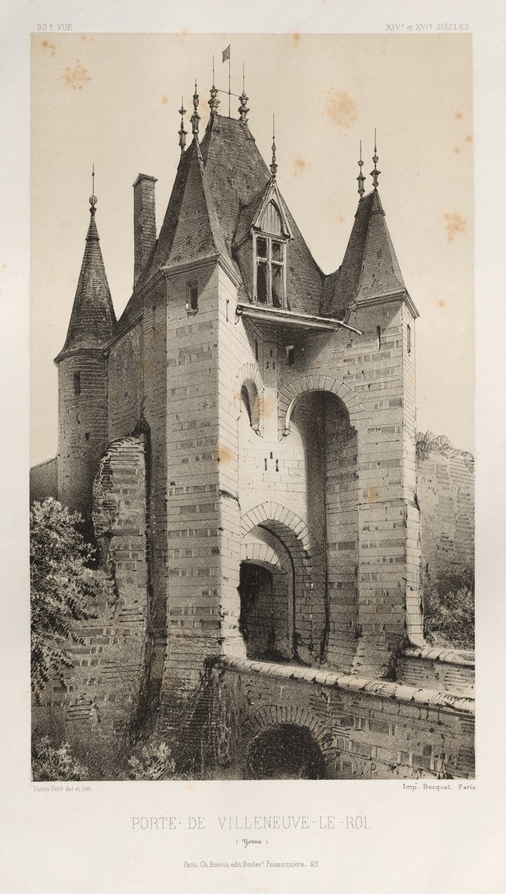 Arquitetura pitoresca ou monumentos do século XV. E XVI. Séculos: Castelos da França dos séculos XV e XVI: Pl. 95, Porte de Villeneuve-Le-Roi (Yonne) de Victor Petit
